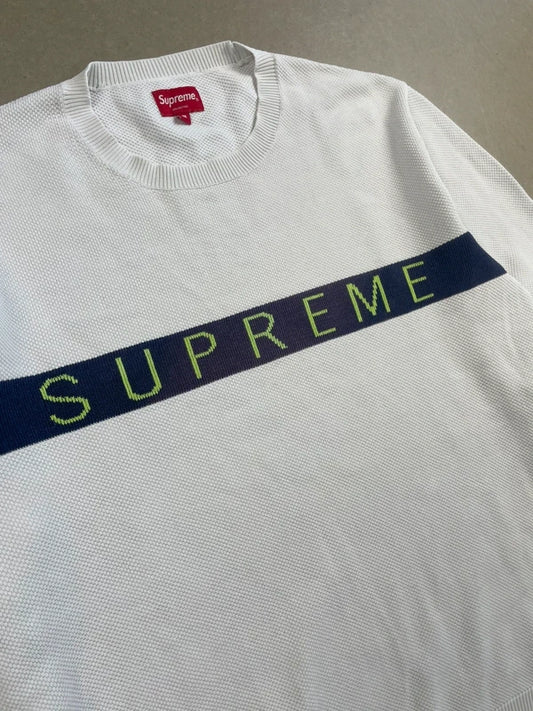 Supreme Logo Stripe Pique Crewneck FW16(Størelse Medium)