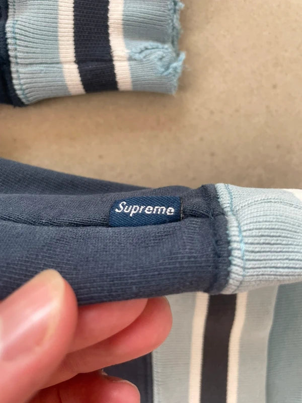 Supreme Striped Rib Hooded Sweatshirt Navy(Størelse Large)