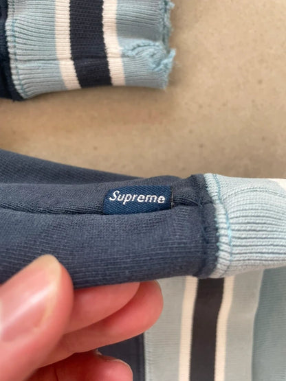 Supreme Striped Rib Hooded Sweatshirt Navy(Størelse Large)